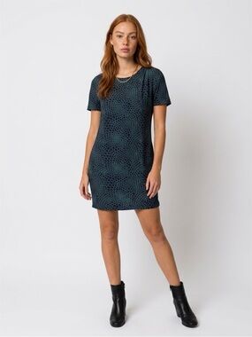 Club Monaco Navy and Teal Patterned Short-Sleeve Shift Dress